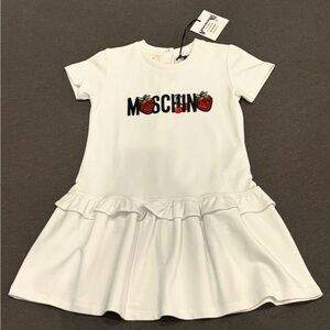BNWT Moschino Toddler White Drop Skirt Dress With Embroidered Beaded Logo SZ. 2
